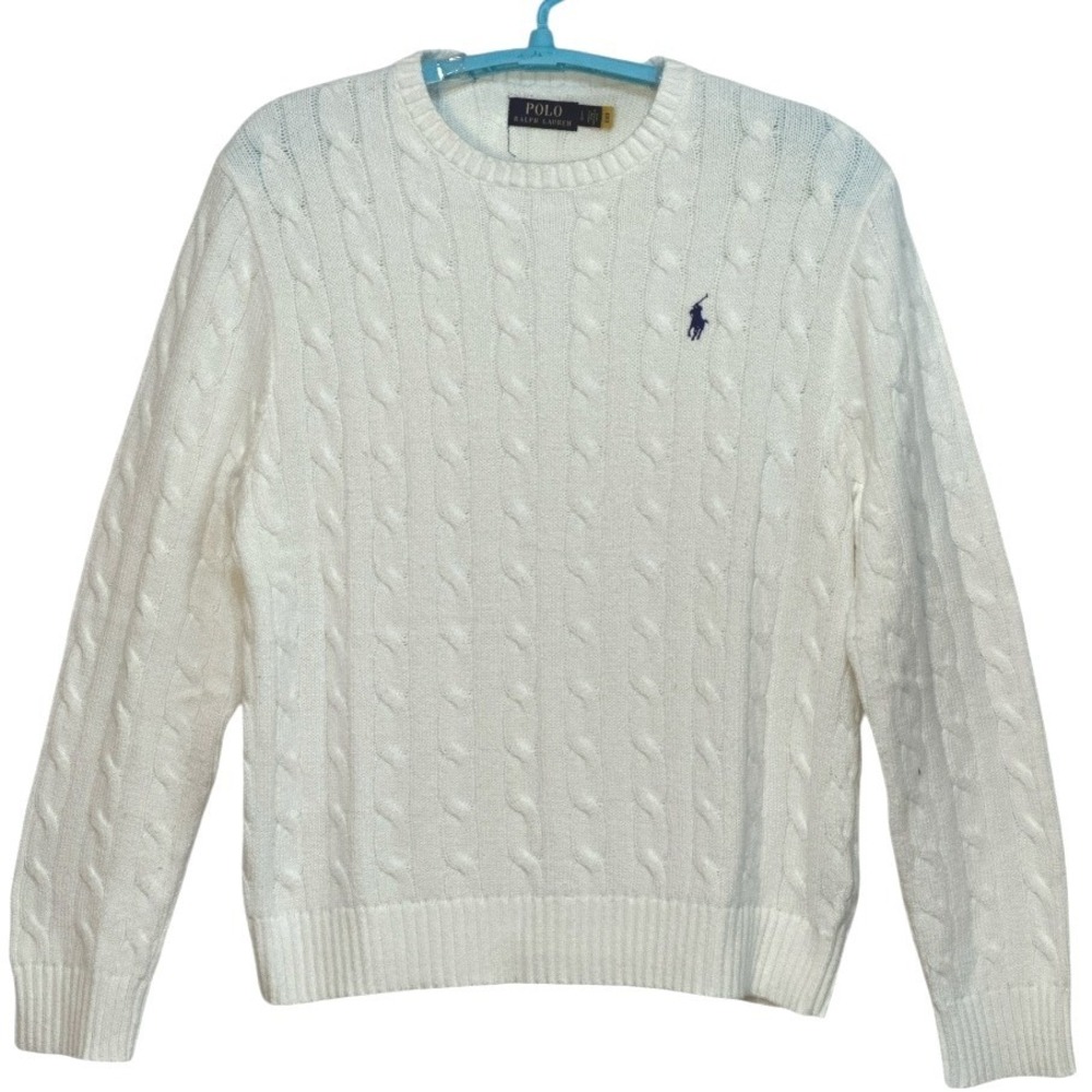 Polo by Ralph Lauren White Cable Knit Crewneck Sweater with Navy Pony